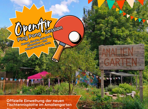Bild vom Amaliengarten mit Wimpelkette und Tischtenniskelle - Einladung zur Einweihung der Tischtennisplatte am 20.08.26 16-18 Uhr
